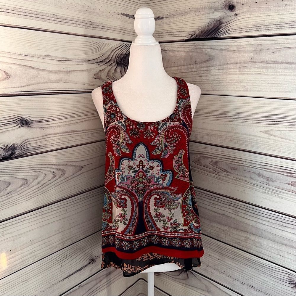 Patrons of Peace Red & Navy Patterned Layered Split Back Tank Top